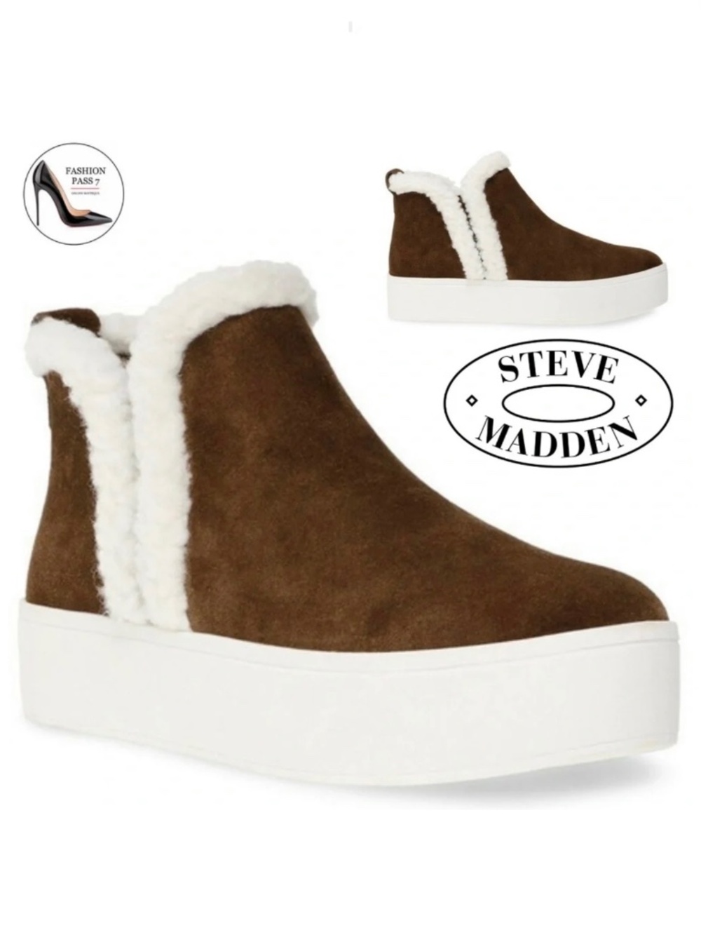 Steve Madden Fern Brown Tan Suede Platform Bootie Sneakers White Fur Ankle Boots